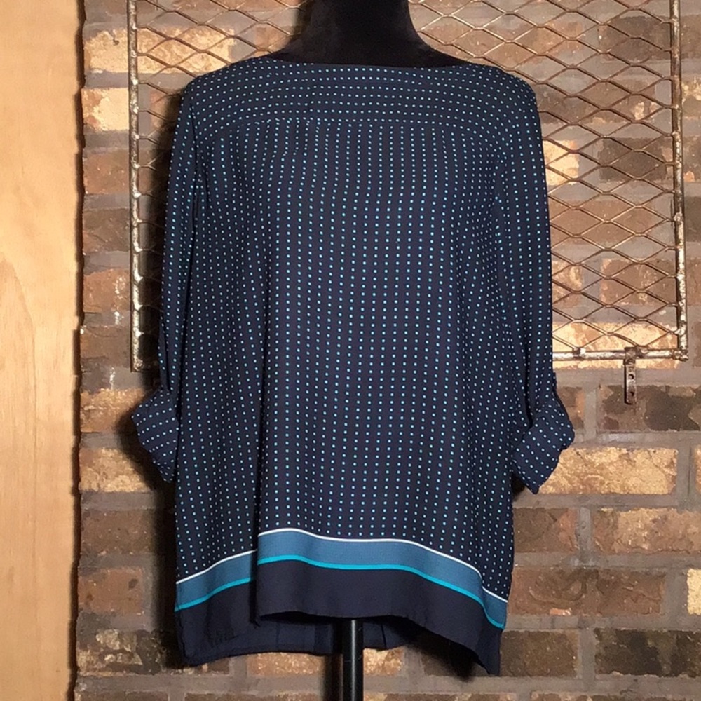 Ann Taylor Loft tab sleeve blouse blue geo pattern teal mini squares  MP